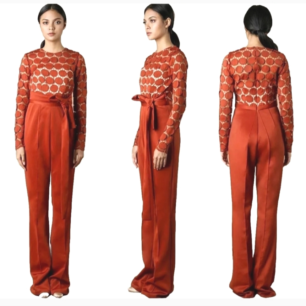 Vone Burnt Orange Lace Long Sleeve Jumpsuit Size S